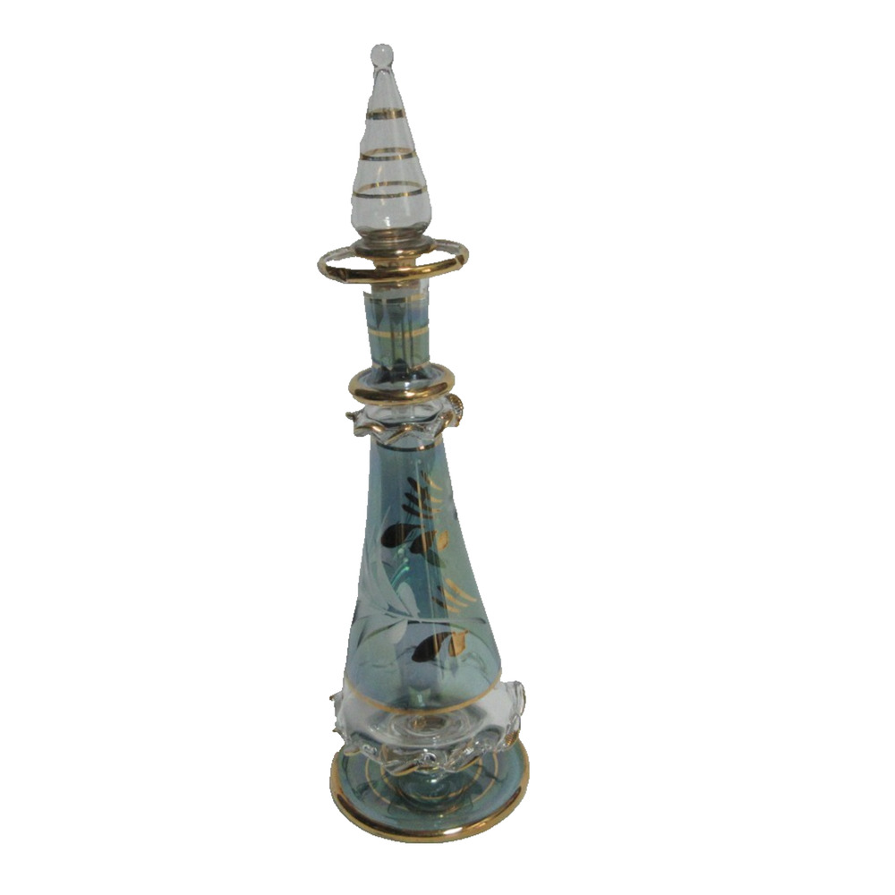 Vintage Egyptian Hand Blown Blue Floral Etched Glass Perfume Bottle Gold Trim